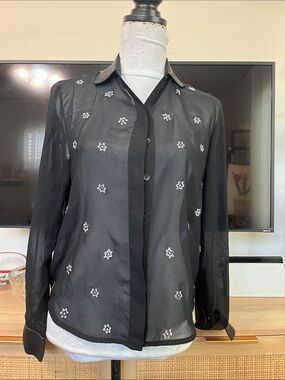 Rag & Bone black sheer button-down shirt featuring delicate tonal leather flower